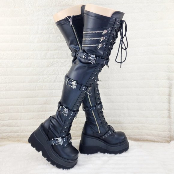 Brand New Shaker 420 Thigh High Platform Goth Punk Rocker Boots Stretch Leather - Picture 2 of 15